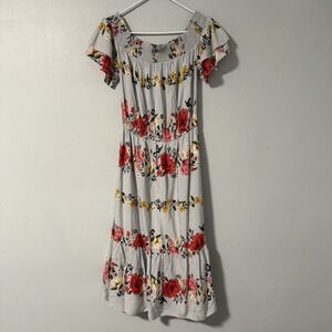 Old Navy Boho Floral Off The Shoulder Tiered Midi Dress Gray Red‎ S